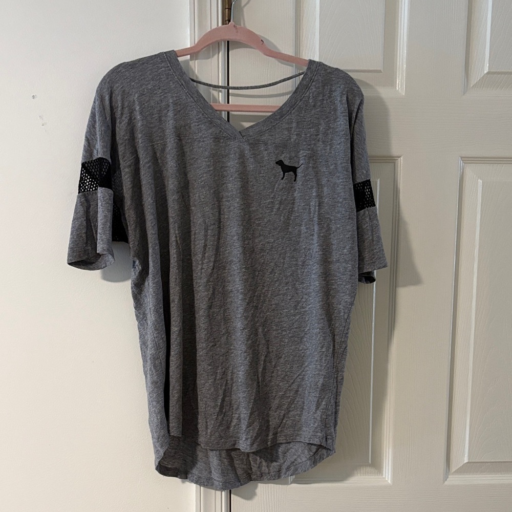 Pink/VS Gray V-Neck T-Shirt with Mesh Sleeves & Open back